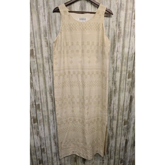 Jones New York 100% Silk Maxi Dress Cream Sleeveless Geometric Side Slit 12 NWT - Picture 1 of 9